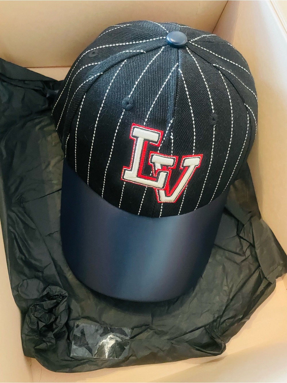 Louis Vuitton Black Pinstripe Cap with Red Embroidery and Tan Strap / NO BOX